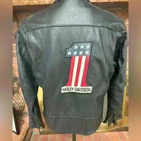 HARLEY- DAVIDSON WOMENS BLACK LEATHER #1 BIKER FLAG EMBLEM RARE JACKET SIZE MED - Picture 2 of 15